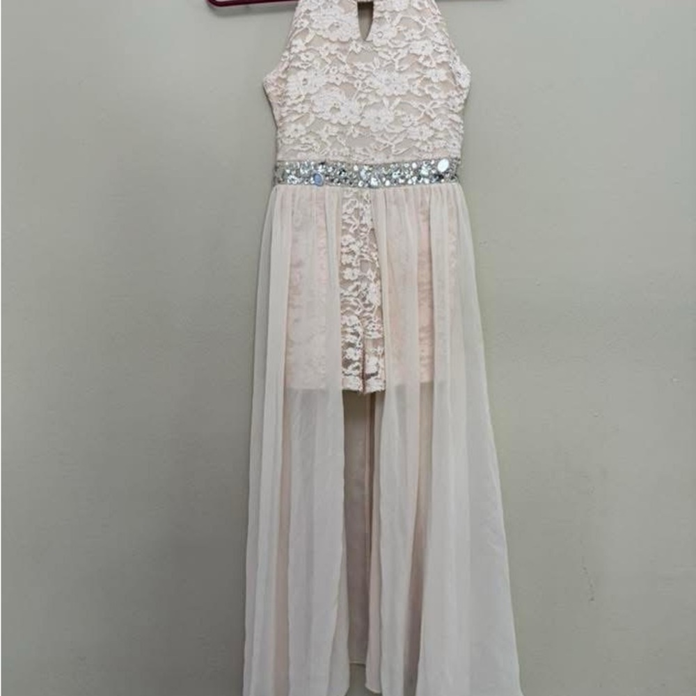 Speechless Kids Elegant Light Pink Lace Kids Romper with Skirt overlay.